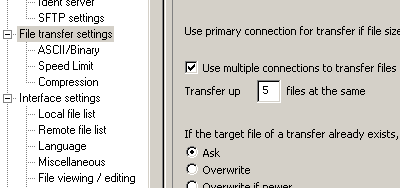 FileZilla settings panel