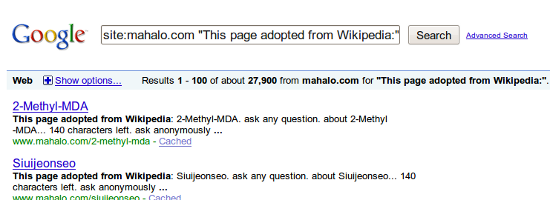 27,900 indexed pages scraped from Wikipedia on Mahalo