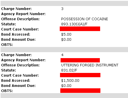 Bad Check: Bond $1,500... Possession Of Cocaine: Bond $5 Bucks